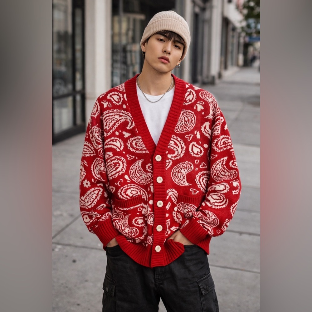 ADLV Acme De La Vie Paisley Knit Cardigan Red/white• Oversized • Size 1